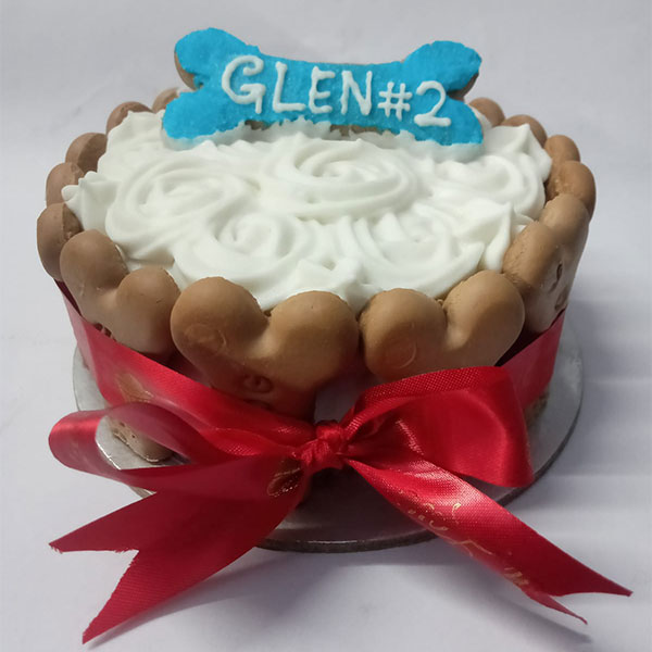 Dog Birthday Cake with Biscuit Border & Red Ribbon